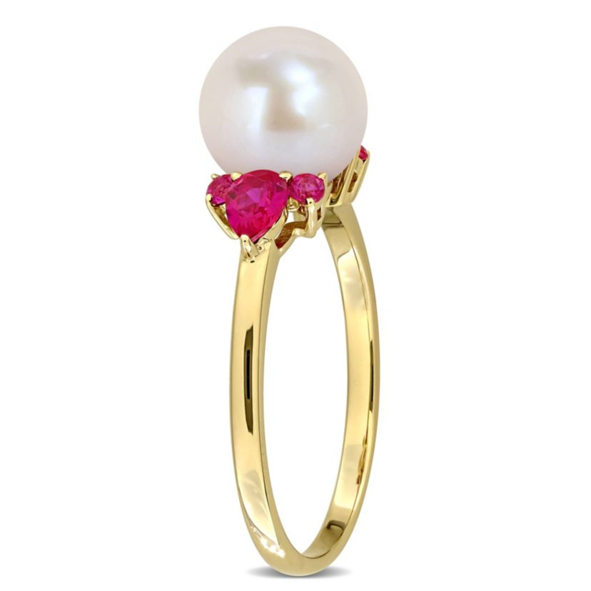 Lab Created Created Ruby & 8-8.5mm Freshwater Cultured Pearl Ring in 14K Yellow Gold