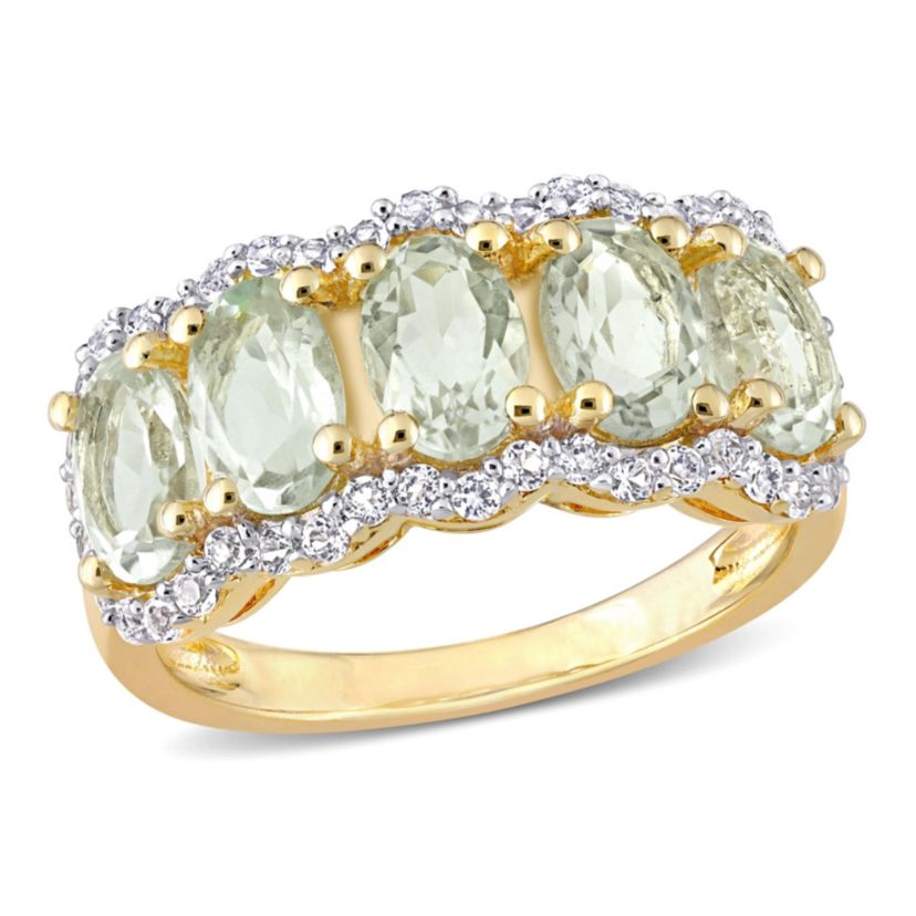 Green Quartz & White Topaz Ring in Yellow Plated Sterling Silver