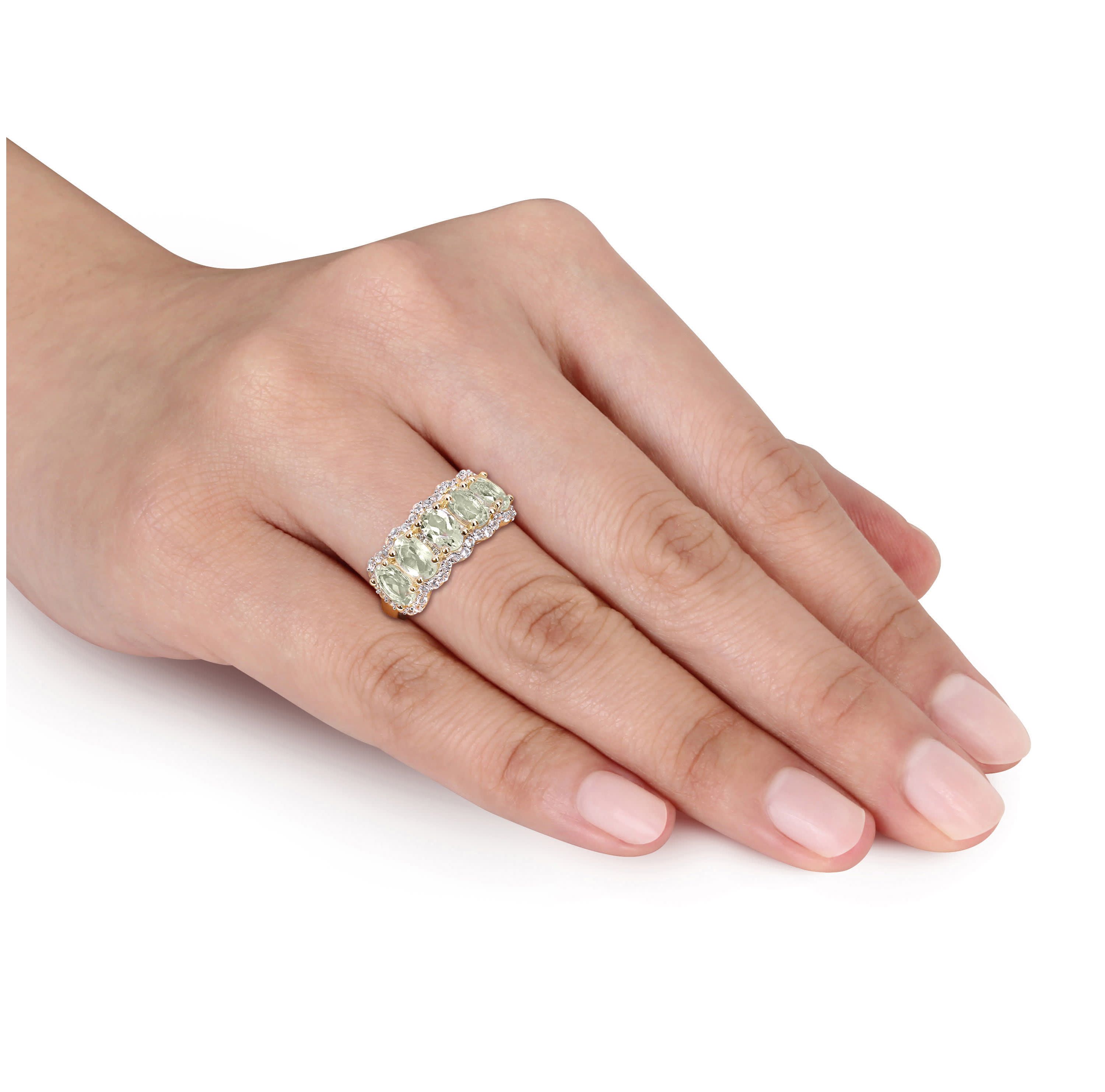 Green Quartz & White Topaz Ring in Yellow Plated Sterling Silver