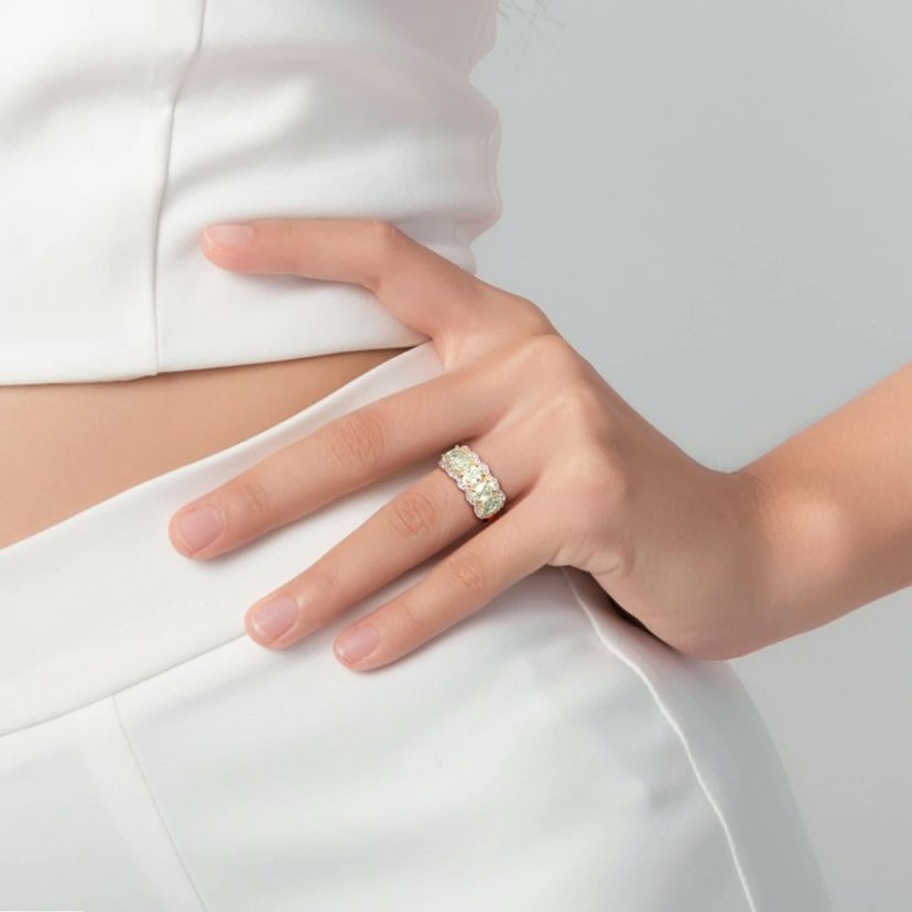Green Quartz & White Topaz Ring in Yellow Plated Sterling Silver