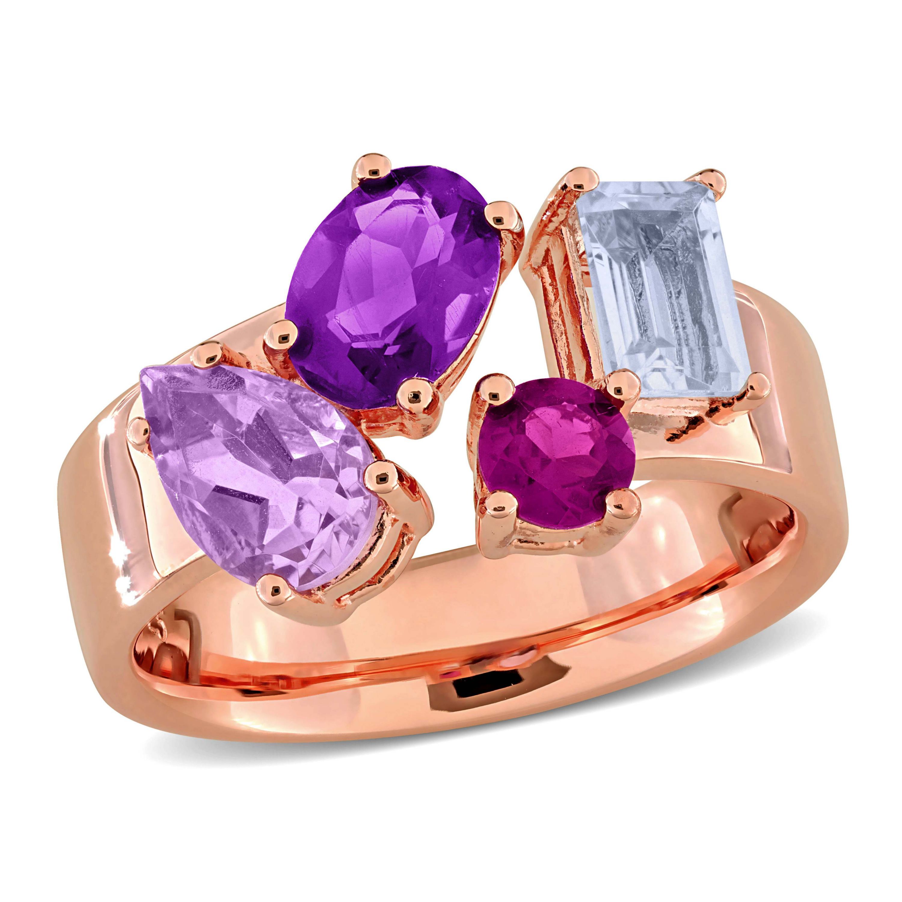 Amethyst, Pink Amethyst, Rhodolite & Sky Blue Topaz Ring in Rose Plated Sterling Silver