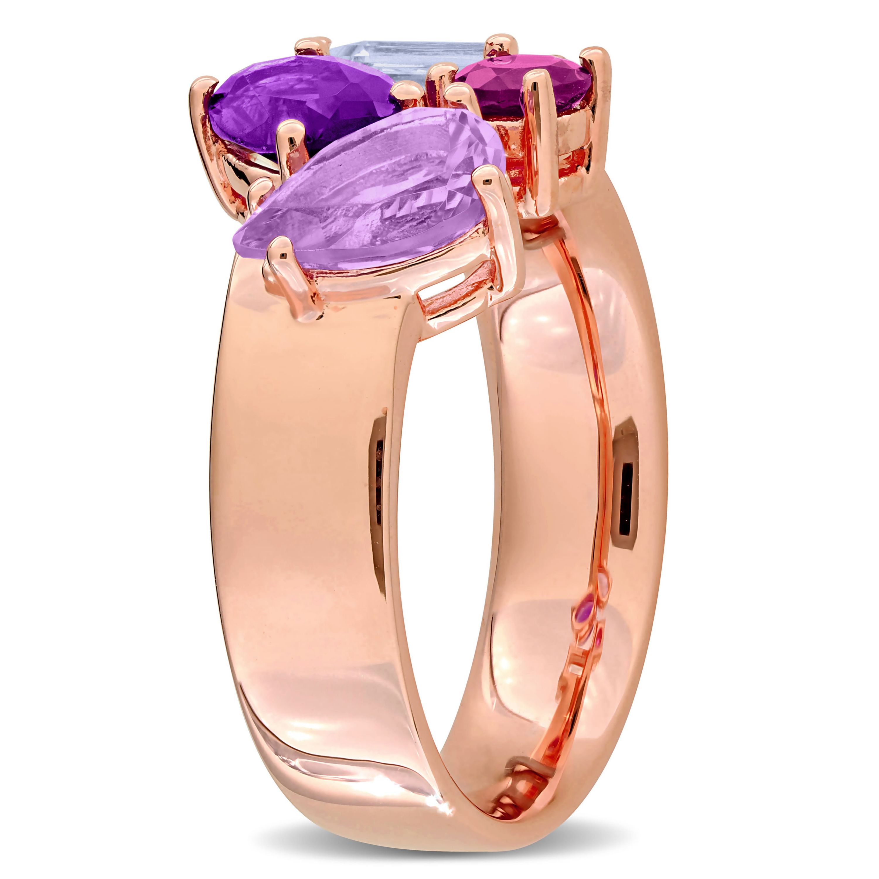 Amethyst, Pink Amethyst, Rhodolite & Sky Blue Topaz Ring in Rose Plated Sterling Silver