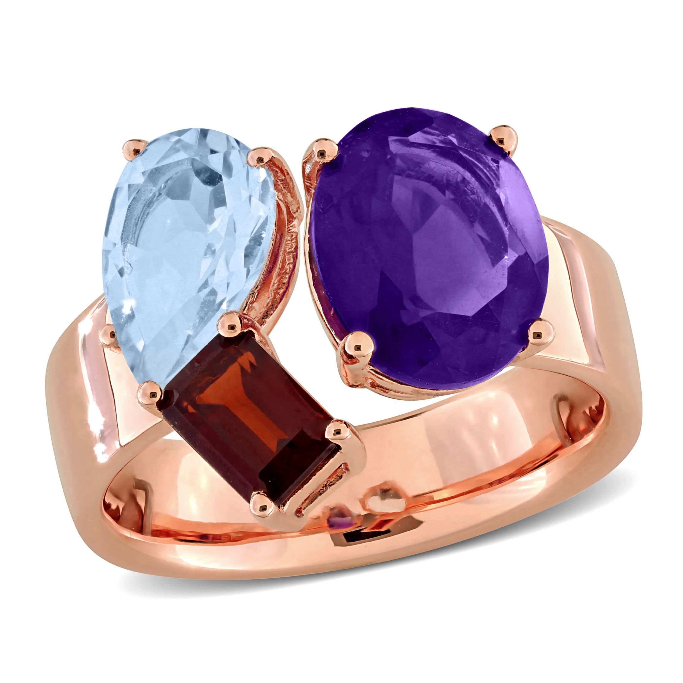 Amethyst-Africa, Sky Blue Topaz & Garnet Ring in Rose Plated Sterling Silver