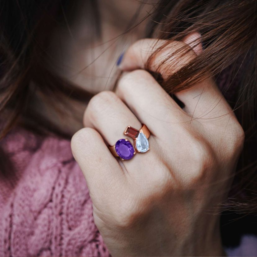 Amethyst-Africa, Sky Blue Topaz & Garnet Ring in Rose Plated Sterling Silver
