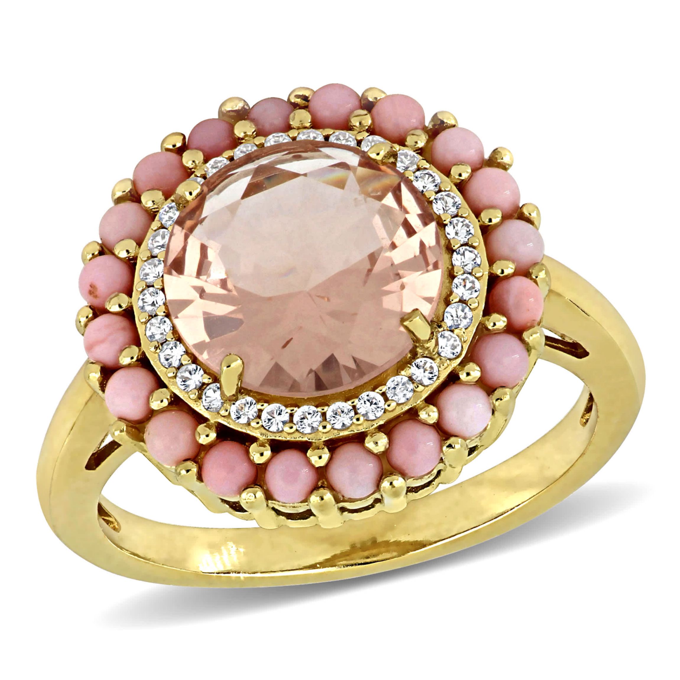 Lab Created Created White Sapphire, Glass Morganite Orange & Pink Opal Ring in Yellow Plated Sterling Silver