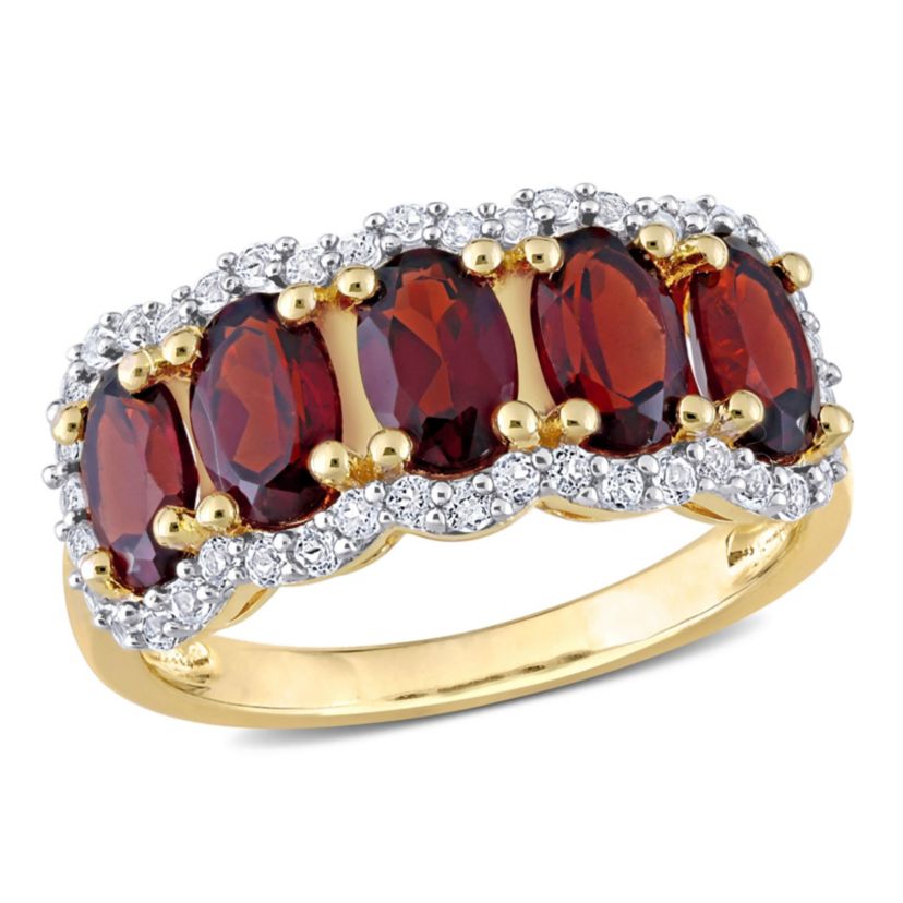 Garnet & White Topaz Ring in Yellow Plated Sterling Silver