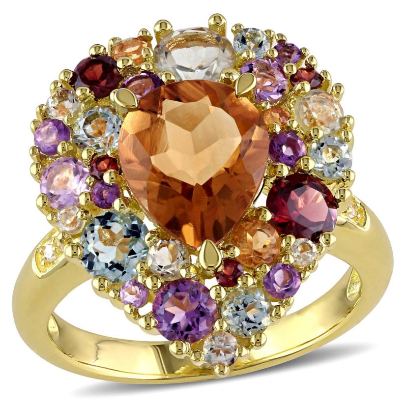 Diamond & Multi Gemstone Ring in Yellow Plated Sterling Silver