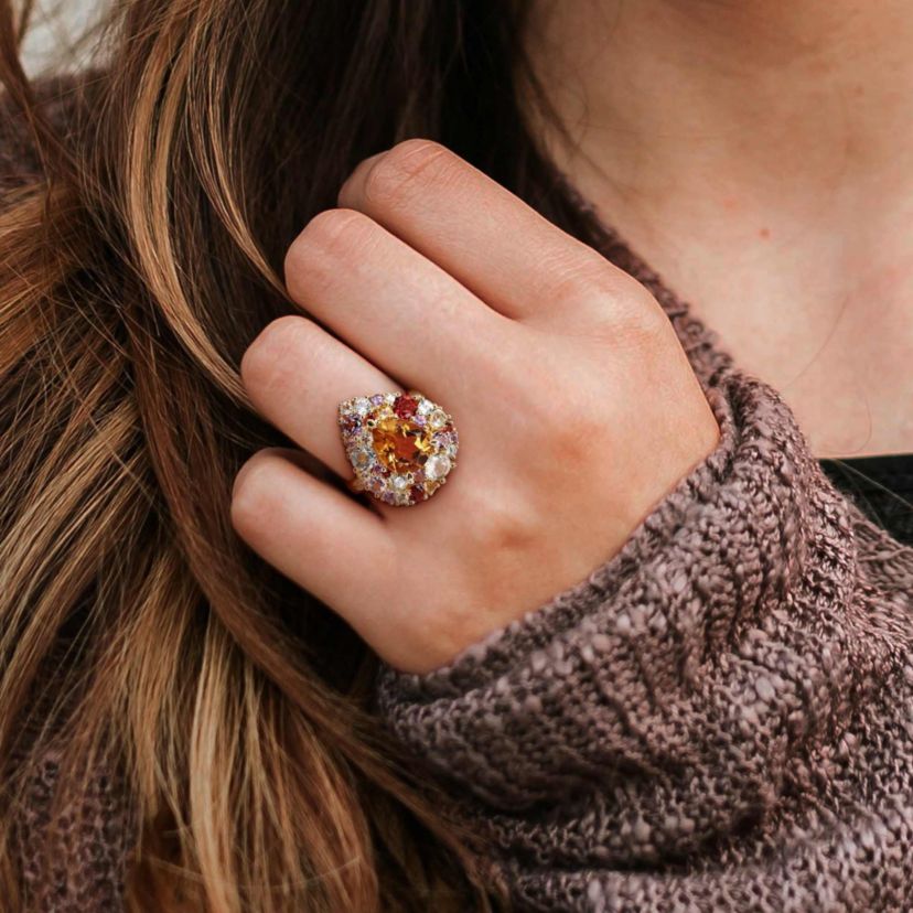 Diamond & Multi Gemstone Ring in Yellow Plated Sterling Silver