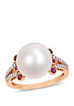Cultured Freshwater Pearl, Ruby and 1/7 ct. t.w. Diamond Split Shank Ring in 10k Rose Gold