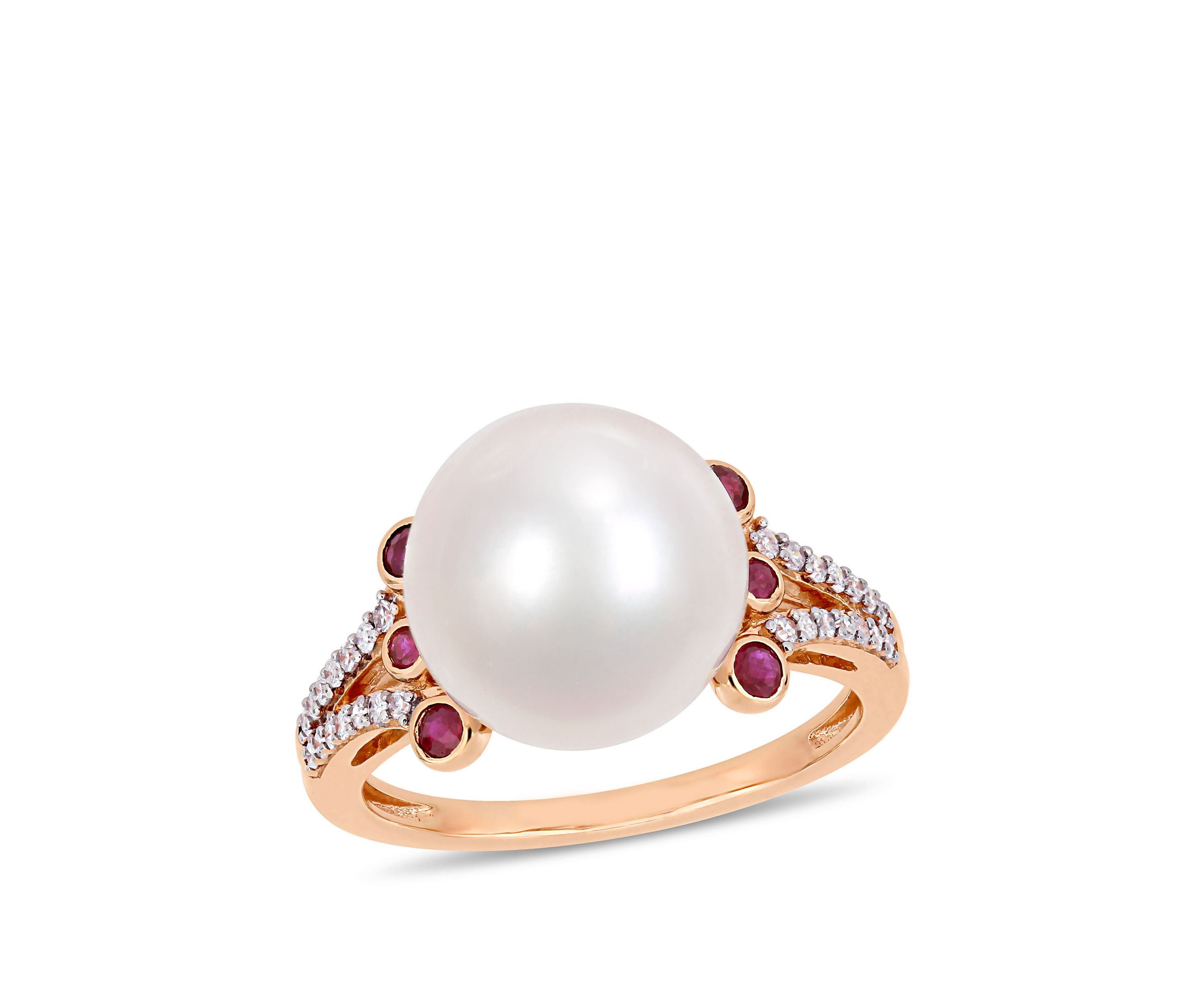 Cultured Freshwater Pearl, Ruby and 1/7 ct. t.w. Diamond Split Shank Ring in 10k Rose Gold
