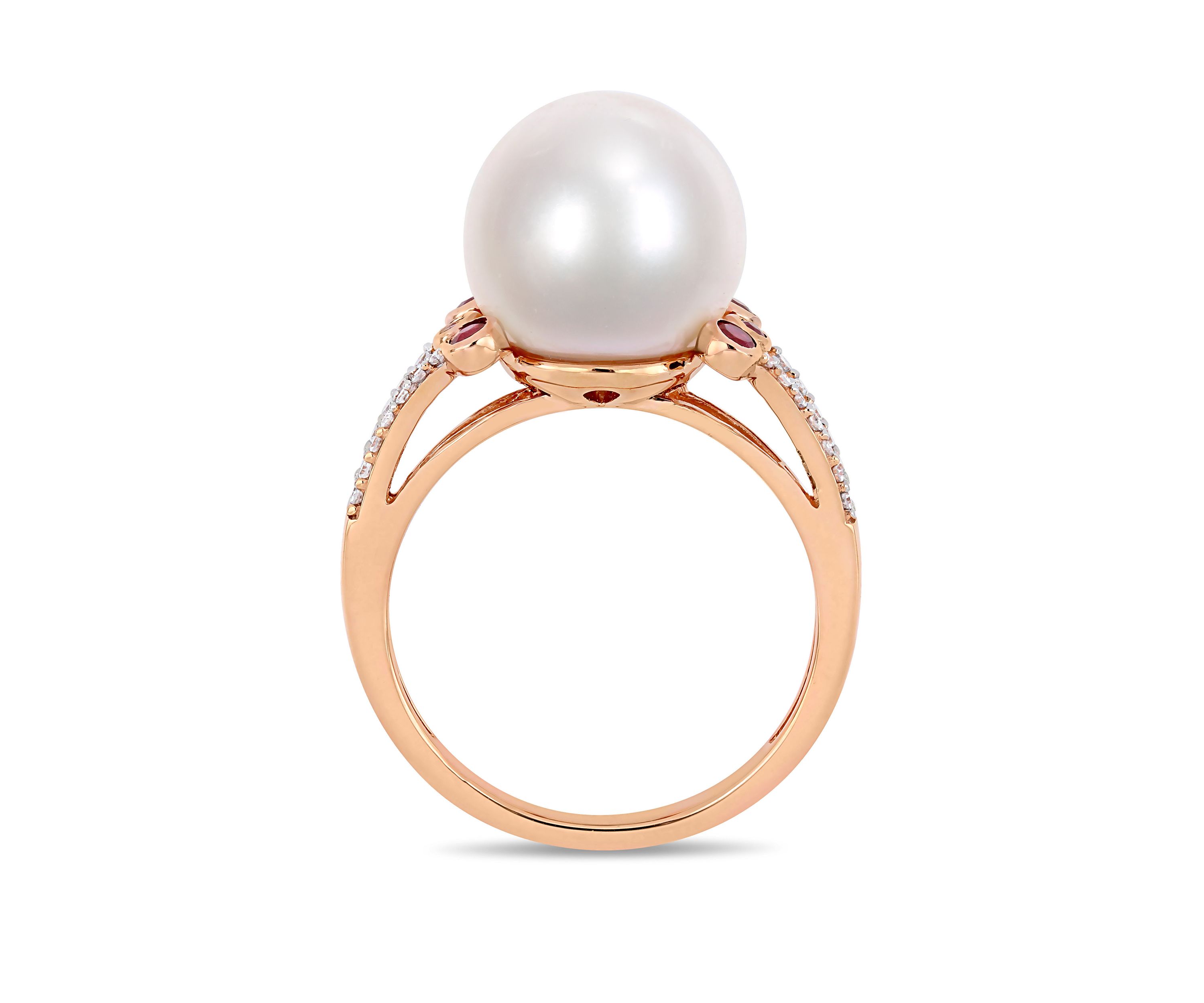 Cultured Freshwater Pearl, Ruby and 1/7 ct. t.w. Diamond Split Shank Ring in 10k Rose Gold
