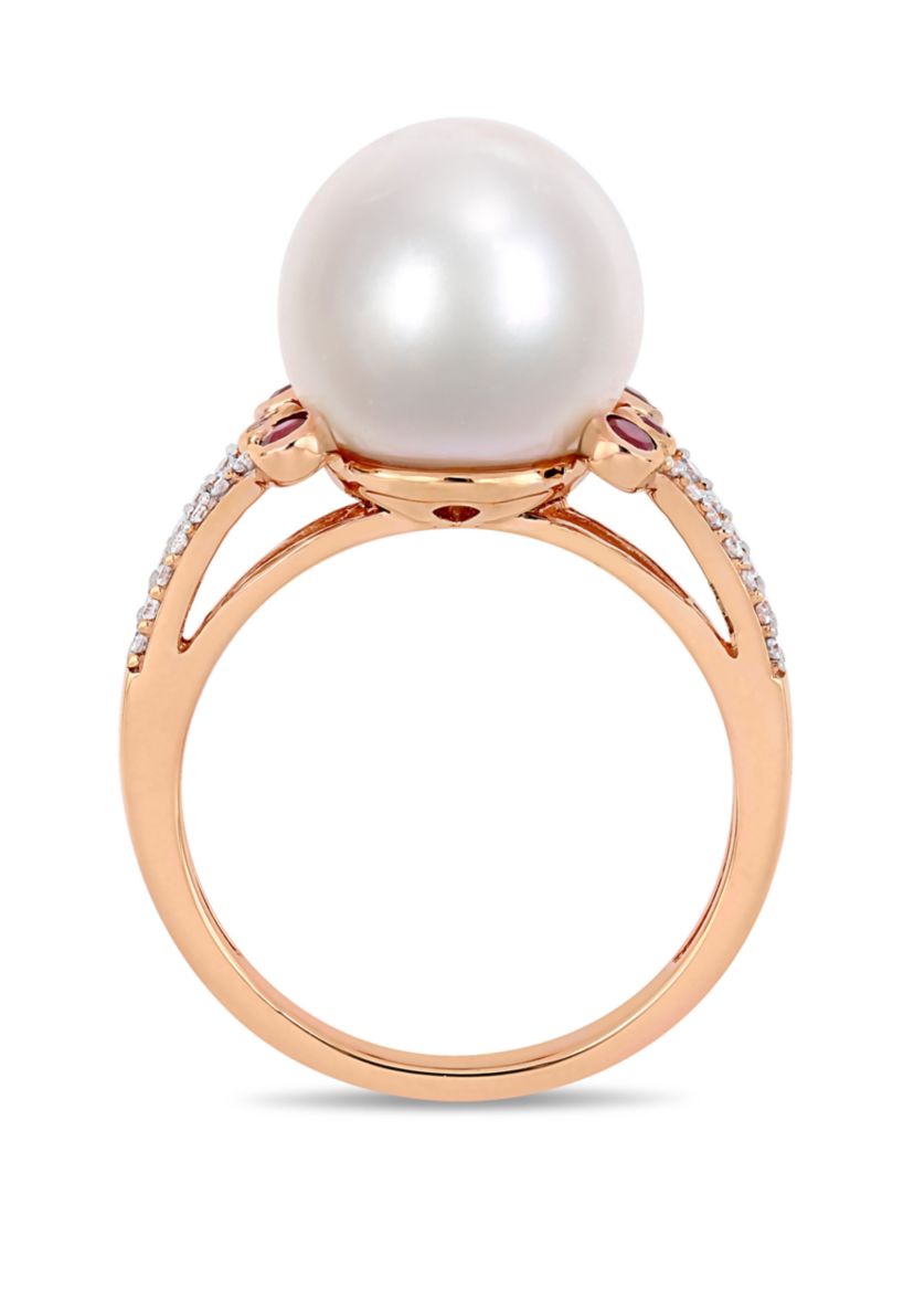 Cultured Freshwater Pearl, Ruby and 1/7 ct. t.w. Diamond Split Shank Ring in 10k Rose Gold