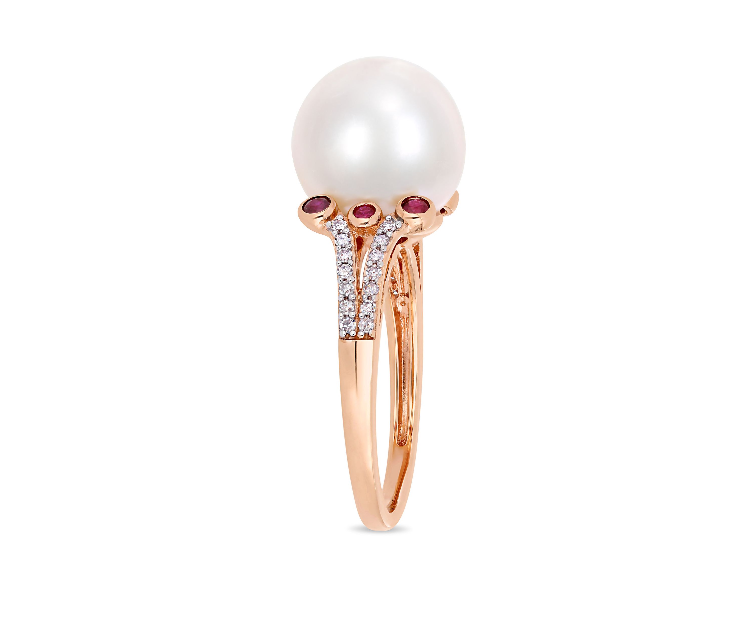 Cultured Freshwater Pearl, Ruby and 1/7 ct. t.w. Diamond Split Shank Ring in 10k Rose Gold