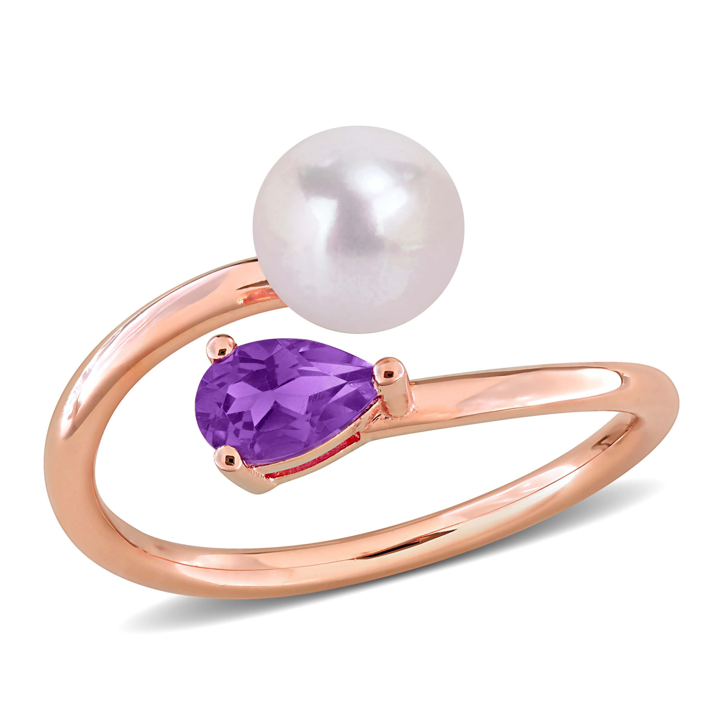 Amethyst & 6 - 6.5mm Freshwater Cultured Pearl Ring in Rose Plated Sterling Silver