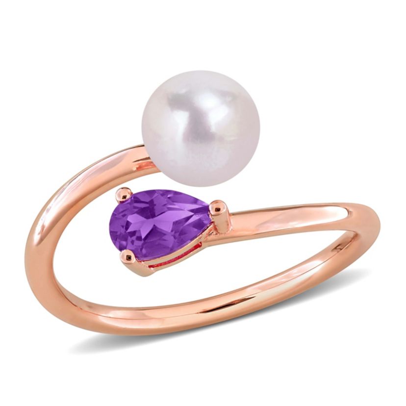 Amethyst & 6 - 6.5mm Freshwater Cultured Pearl Ring in Rose Plated Sterling Silver