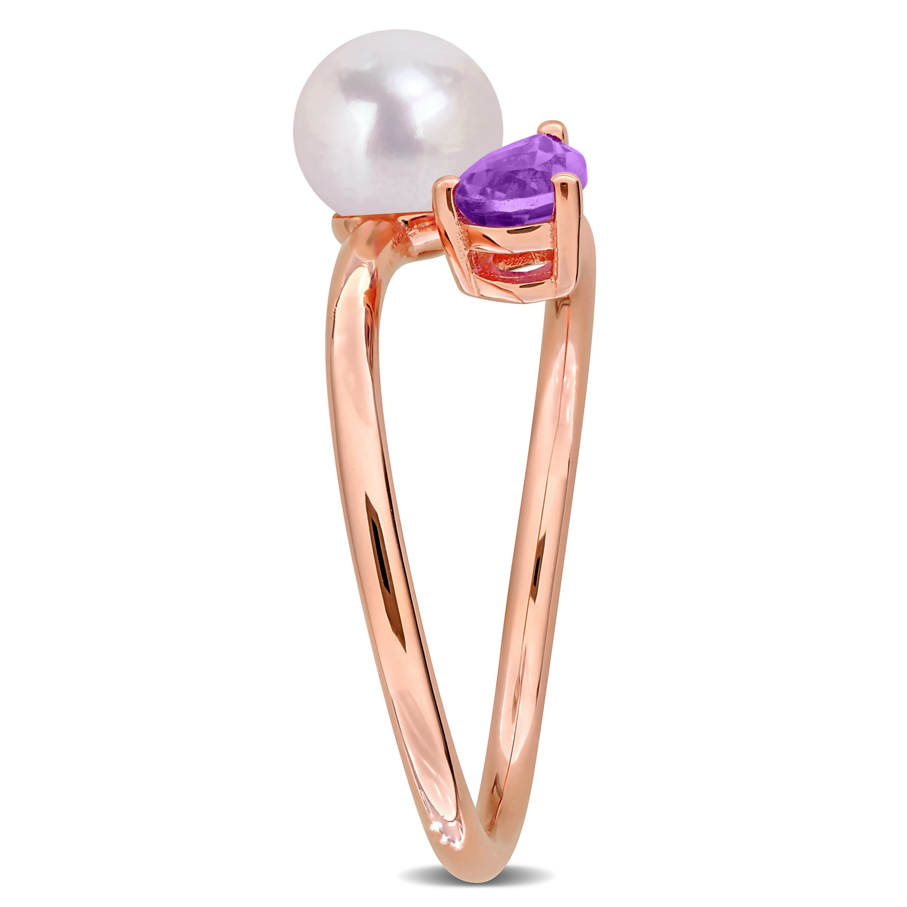 Amethyst & 6 - 6.5mm Freshwater Cultured Pearl Ring in Rose Plated Sterling Silver