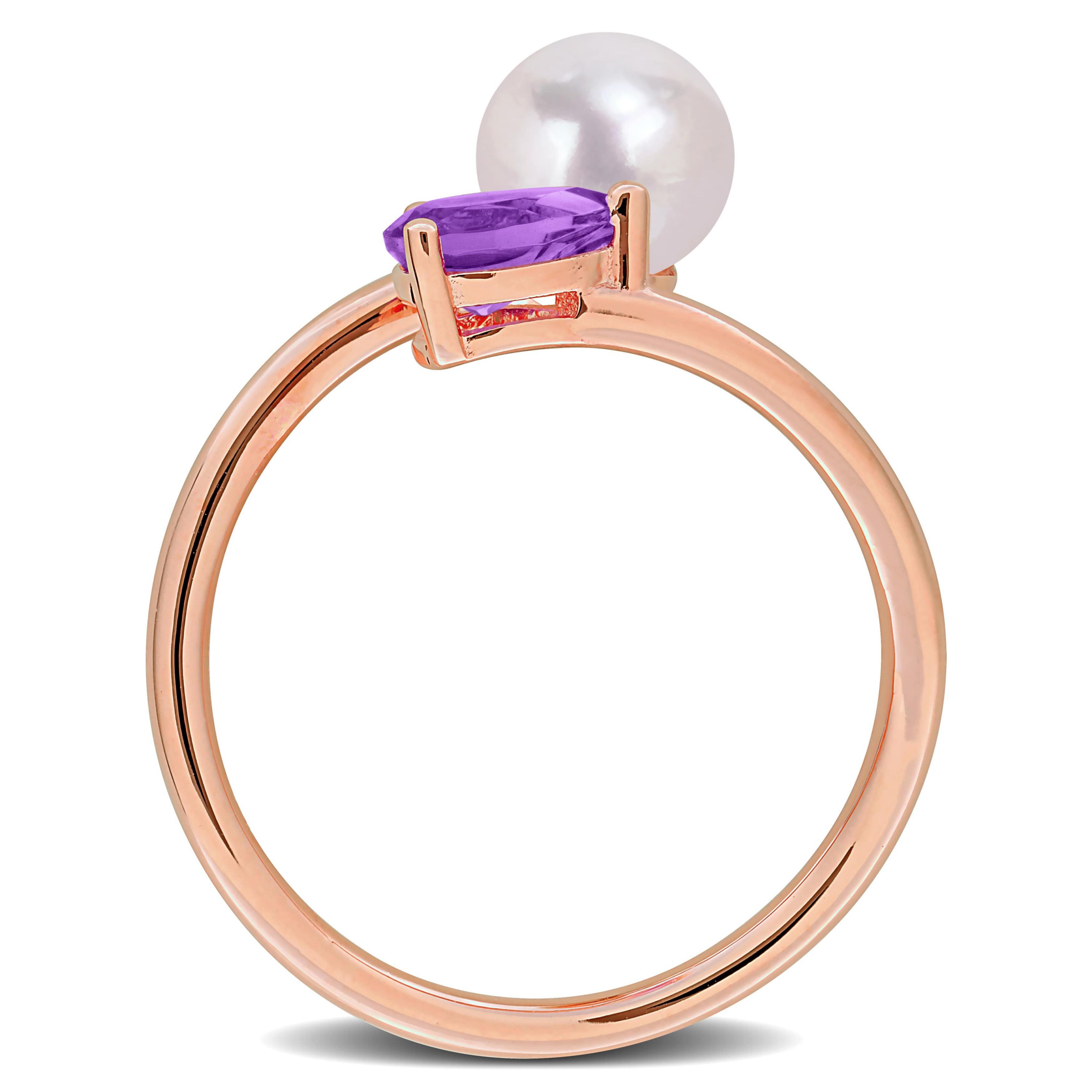 Amethyst & 6 - 6.5mm Freshwater Cultured Pearl Ring in Rose Plated Sterling Silver