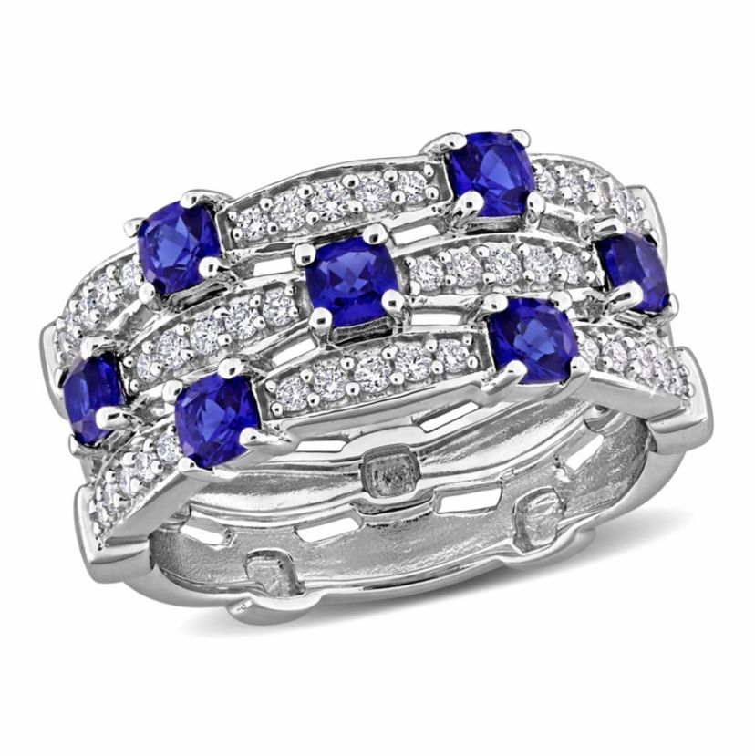 Lab Grown Diamond & Created Blue Sapphire Eternity Ring in Sterling Silver