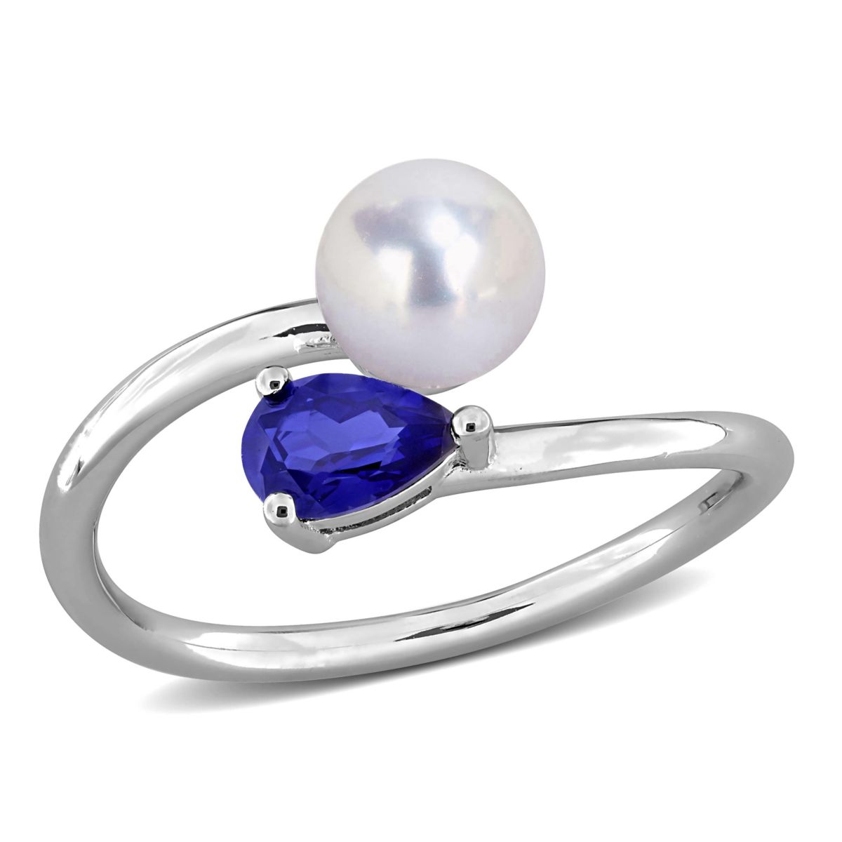 Lab Created Created Blue Sapphire & 6 - 6.5mm Freshwater Cultured Pearl Ring in Sterling Silver