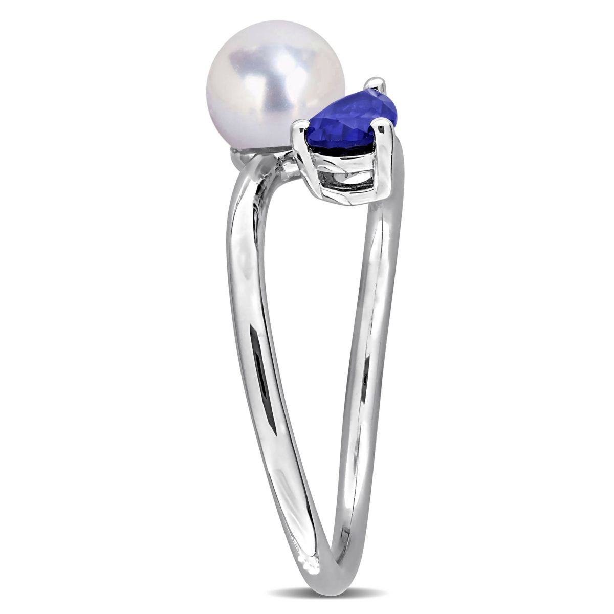 Lab Created Created Blue Sapphire & 6 - 6.5mm Freshwater Cultured Pearl Ring in Sterling Silver