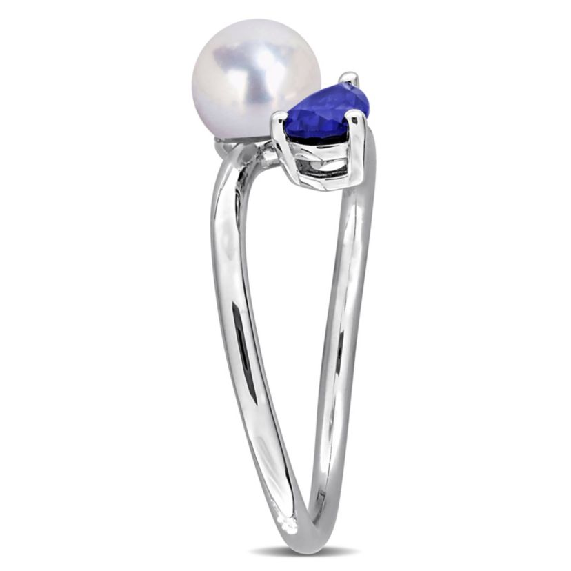 Lab Created Created Blue Sapphire & 6 - 6.5mm Freshwater Cultured Pearl Ring in Sterling Silver