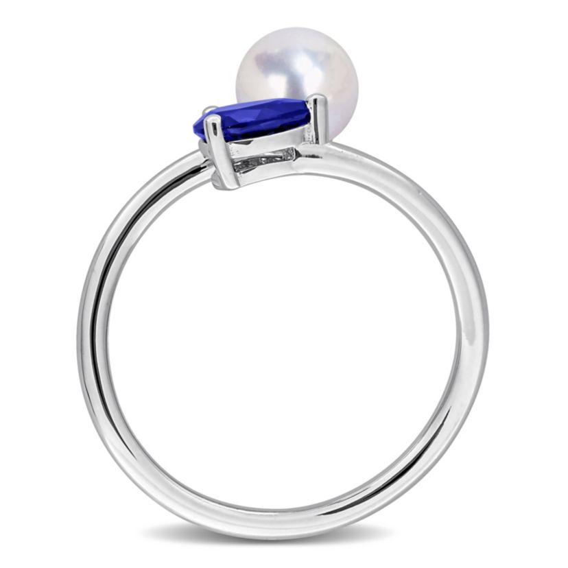 Lab Created Created Blue Sapphire & 6 - 6.5mm Freshwater Cultured Pearl Ring in Sterling Silver