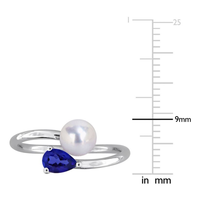 Lab Created Created Blue Sapphire & 6 - 6.5mm Freshwater Cultured Pearl Ring in Sterling Silver