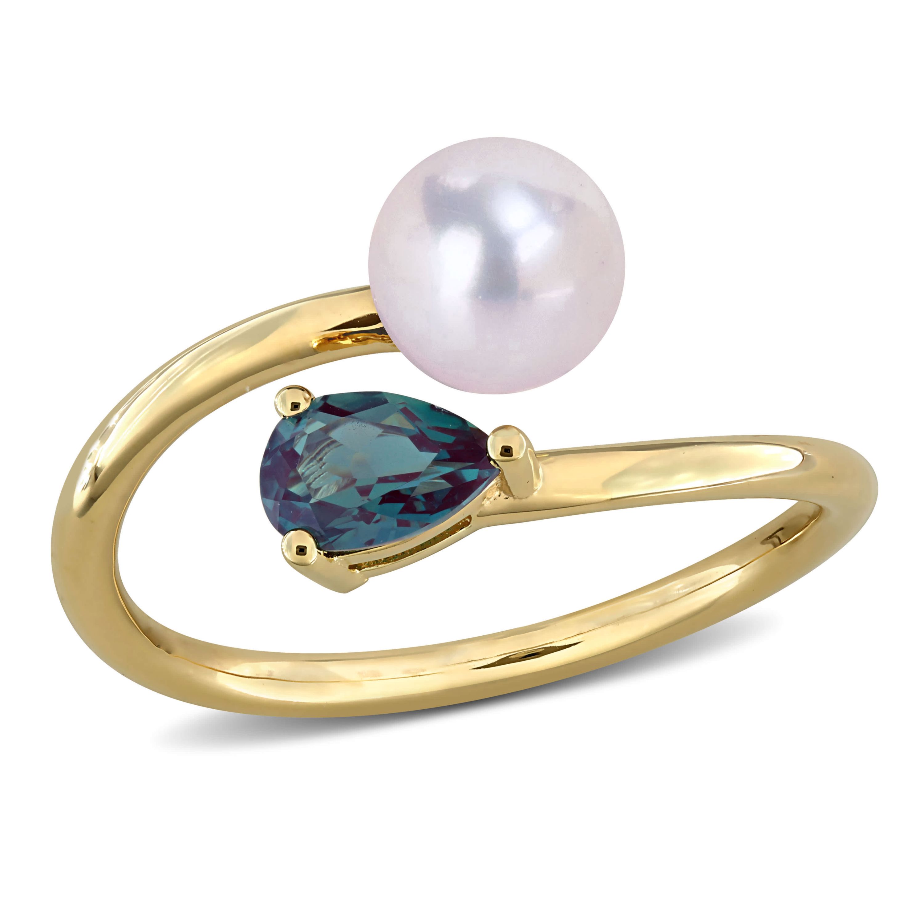 Lab Created Created Alexandrite & 6-6.5mm Freshwater Cultured Pearl Ring in Yellow Plated Sterling Silver