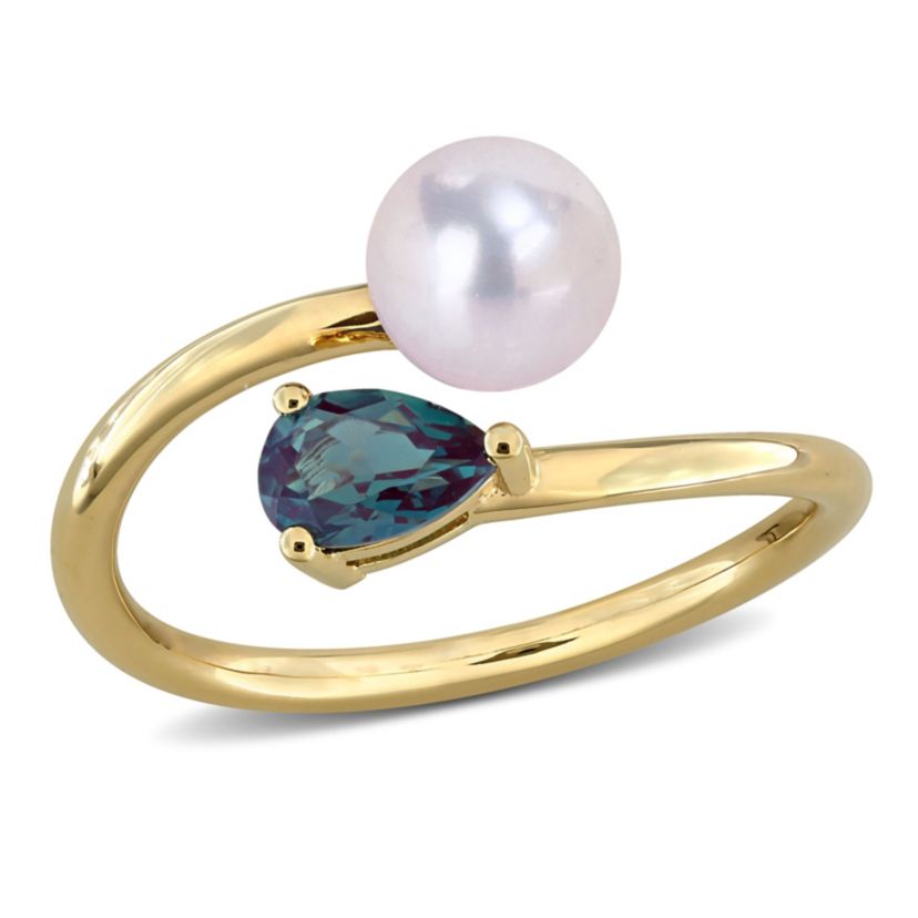 Lab Created Created Alexandrite & 6-6.5mm Freshwater Cultured Pearl Ring in Yellow Plated Sterling Silver