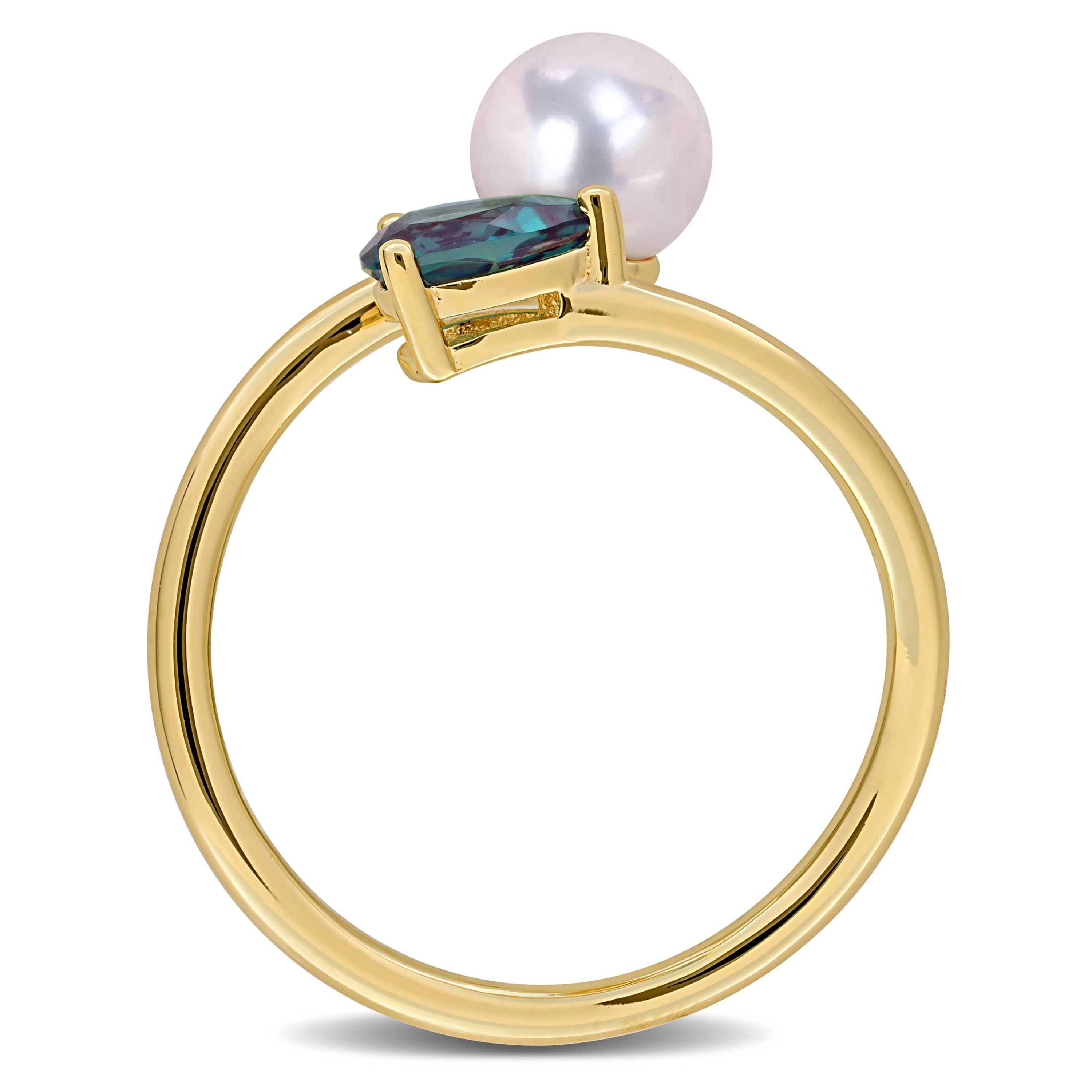 Lab Created Created Alexandrite & 6-6.5mm Freshwater Cultured Pearl Ring in Yellow Plated Sterling Silver