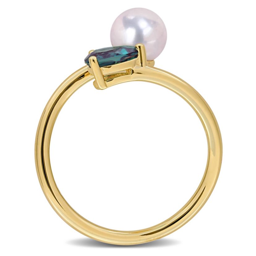 Lab Created Created Alexandrite & 6-6.5mm Freshwater Cultured Pearl Ring in Yellow Plated Sterling Silver