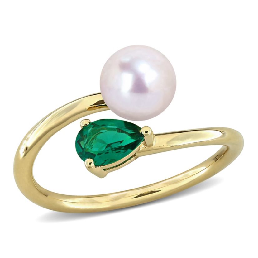 Lab Created Created Emerald & 6 - 6.5mm Freshwater Cultured Pearl Ring in Yellow Plated Sterling Silver