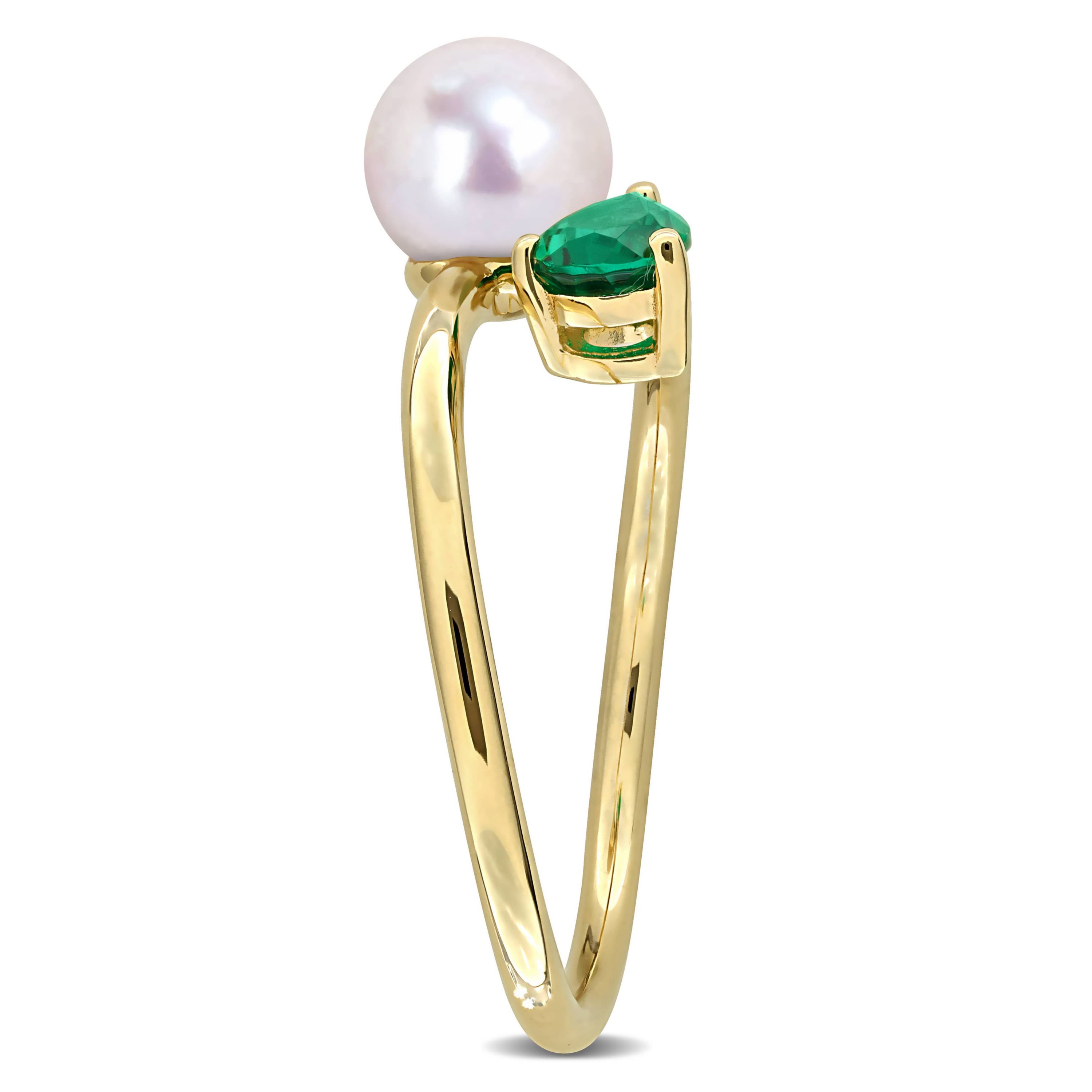 Lab Created Created Emerald & 6 - 6.5mm Freshwater Cultured Pearl Ring in Yellow Plated Sterling Silver