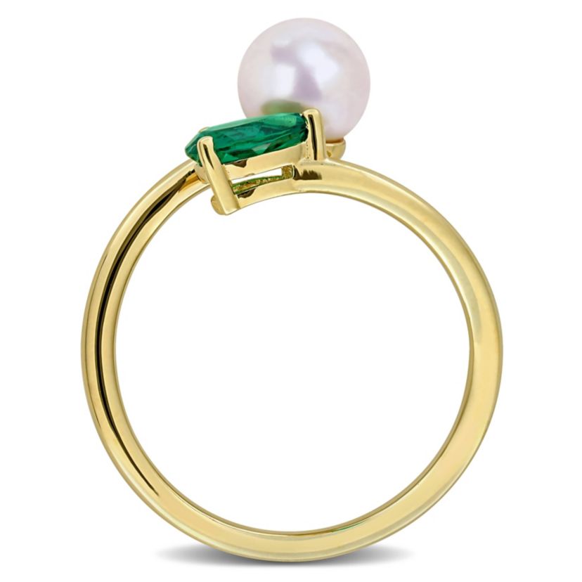 Lab Created Created Emerald & 6 - 6.5mm Freshwater Cultured Pearl Ring in Yellow Plated Sterling Silver