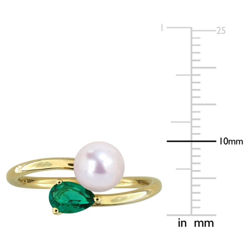 Lab Created Created Emerald & 6 - 6.5mm Freshwater Cultured Pearl Ring in Yellow Plated Sterling Silver