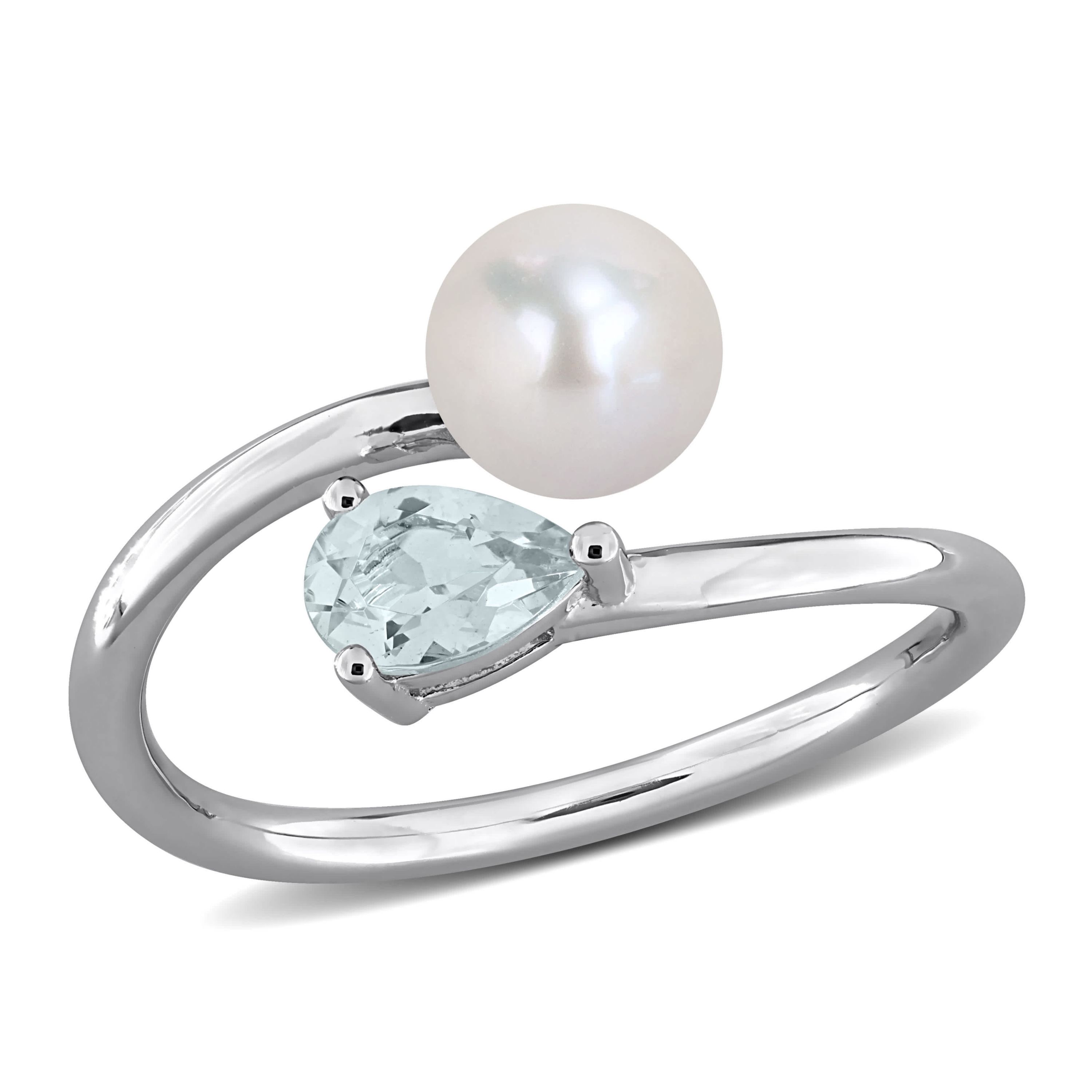Aquamarine & 6-6.5mm White Freshwater Cultured Pearl Ring in Sterling Silver