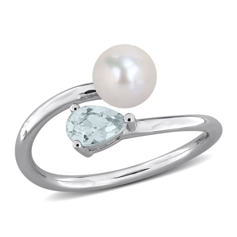 Aquamarine & 6-6.5mm White Freshwater Cultured Pearl Ring in Sterling Silver