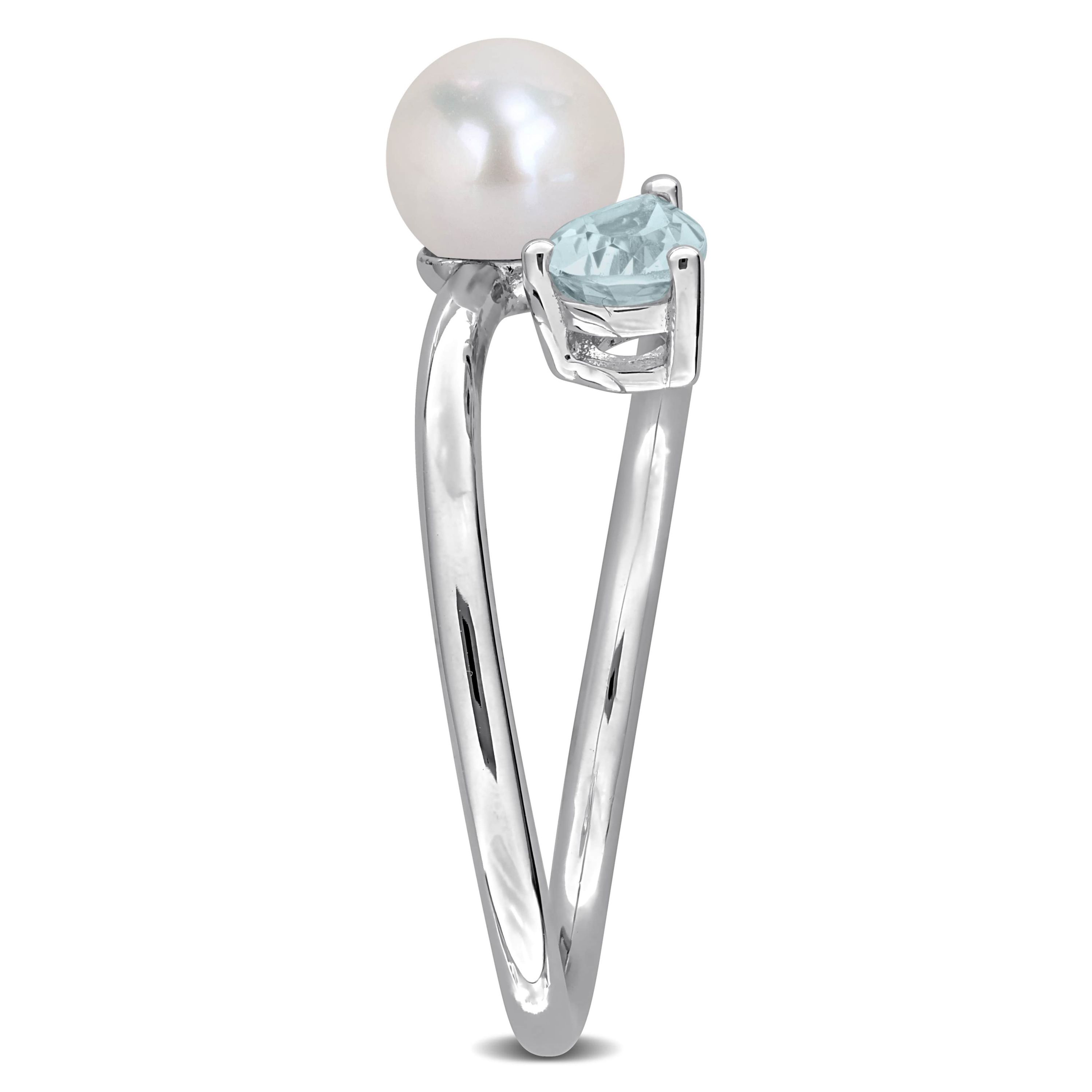 Aquamarine & 6-6.5mm White Freshwater Cultured Pearl Ring in Sterling Silver