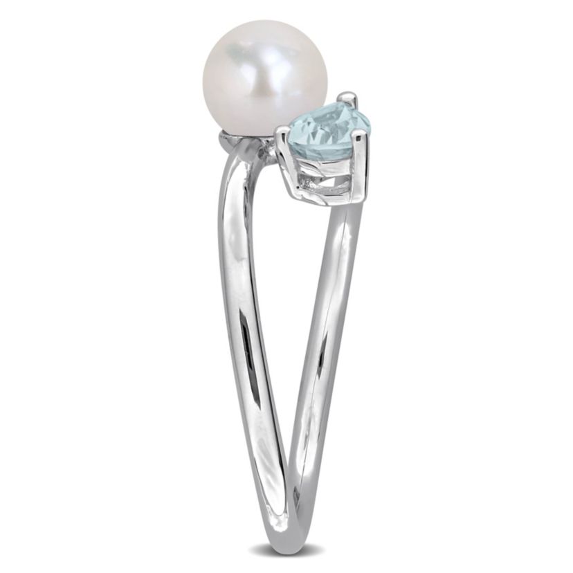 Aquamarine & 6-6.5mm White Freshwater Cultured Pearl Ring in Sterling Silver