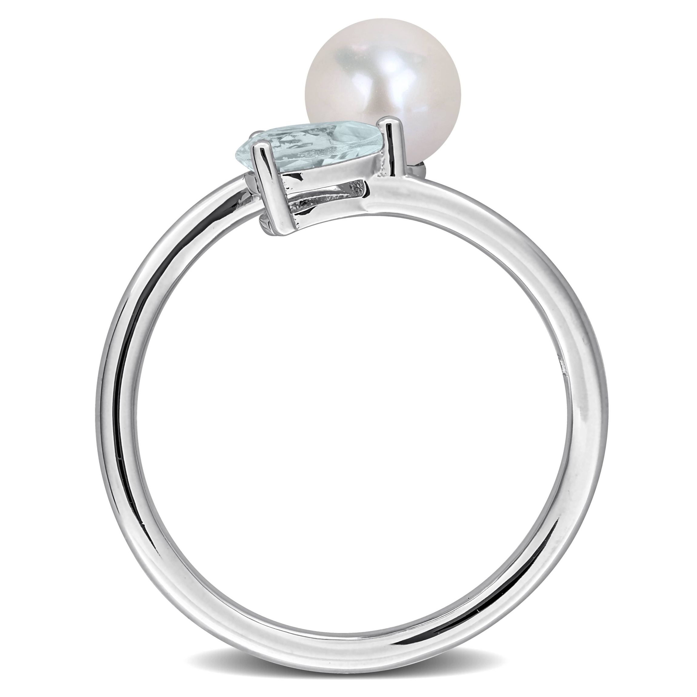 Aquamarine & 6-6.5mm White Freshwater Cultured Pearl Ring in Sterling Silver