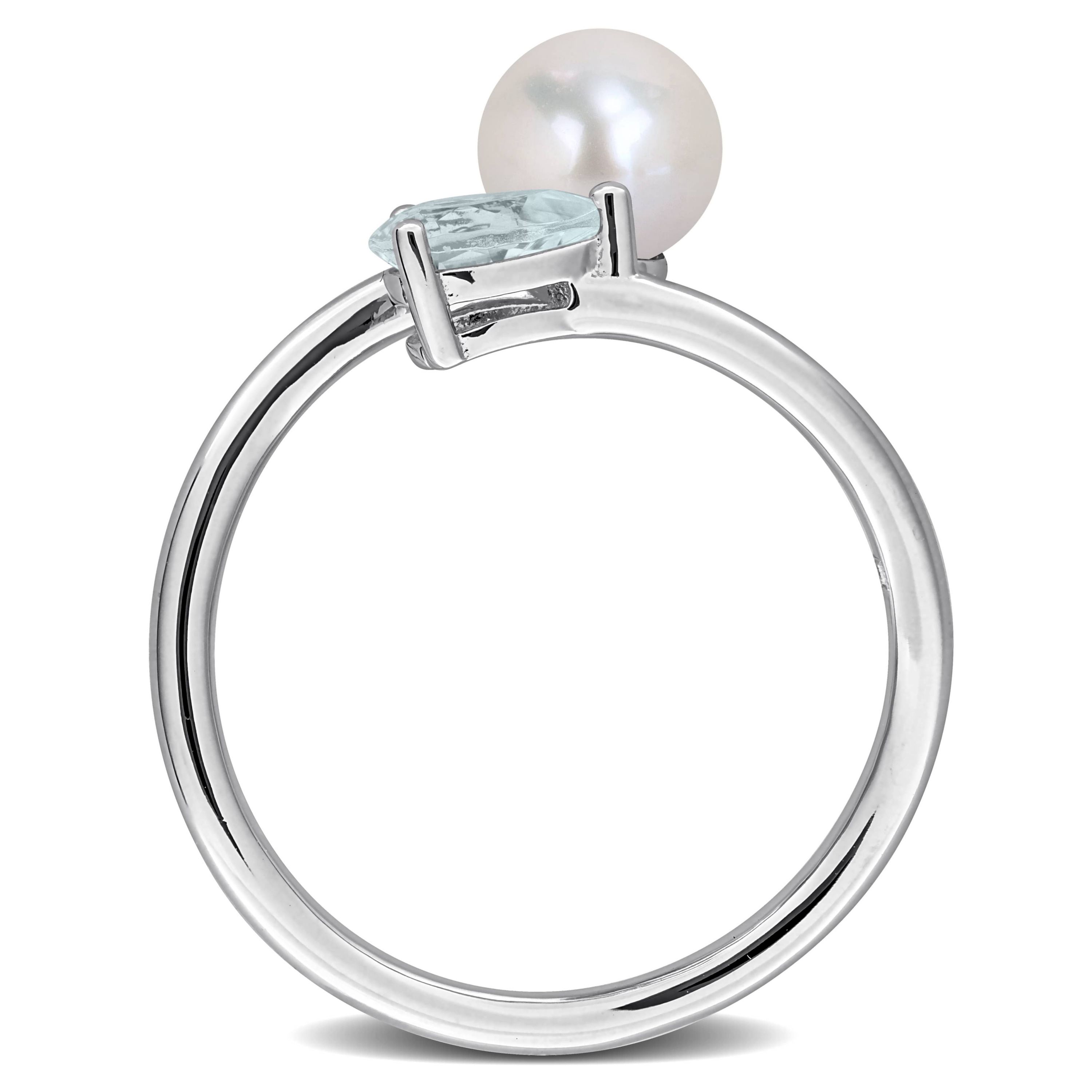 Aquamarine & 6-6.5mm White Freshwater Cultured Pearl Ring in Sterling Silver