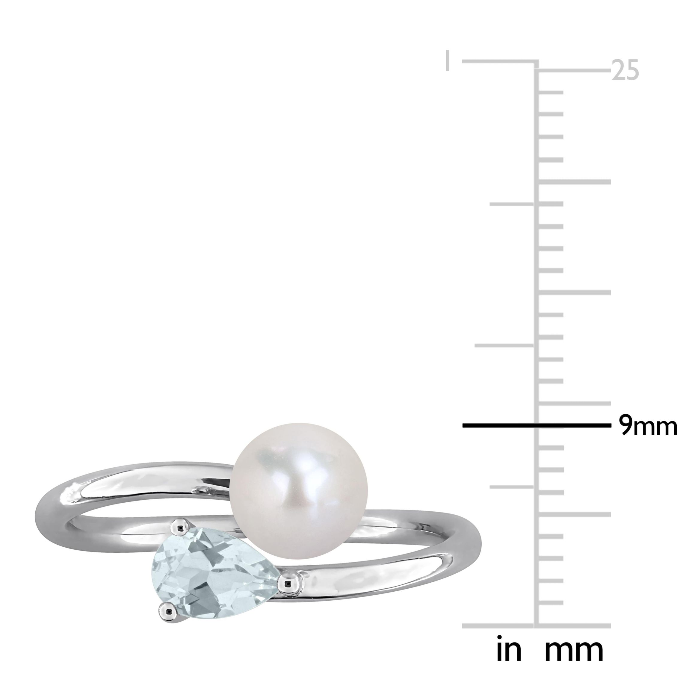 Aquamarine & 6-6.5mm White Freshwater Cultured Pearl Ring in Sterling Silver