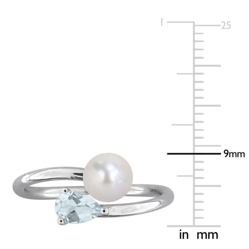 Aquamarine & 6-6.5mm White Freshwater Cultured Pearl Ring in Sterling Silver