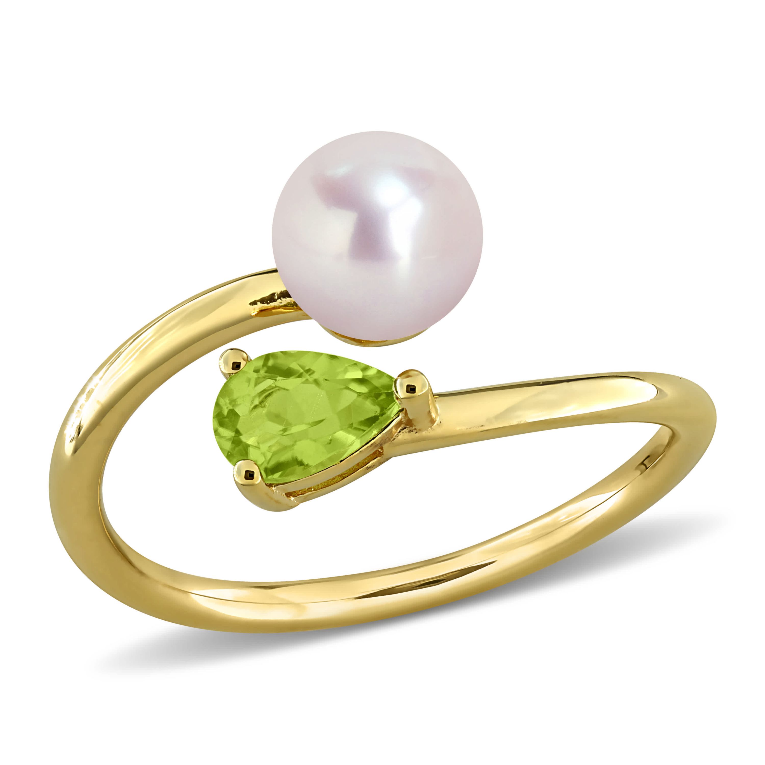Peridot & 6-6.5mm White Freshwater Cultured Pearl Ring in Yellow Plated Sterling Silver