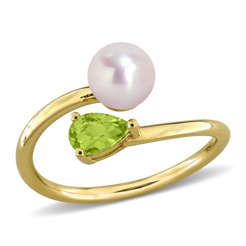 Peridot & 6-6.5mm White Freshwater Cultured Pearl Ring in Yellow Plated Sterling Silver