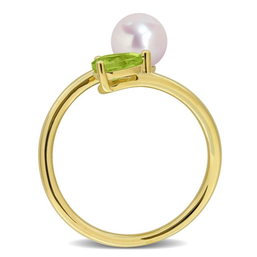 Peridot & 6-6.5mm White Freshwater Cultured Pearl Ring in Yellow Plated Sterling Silver