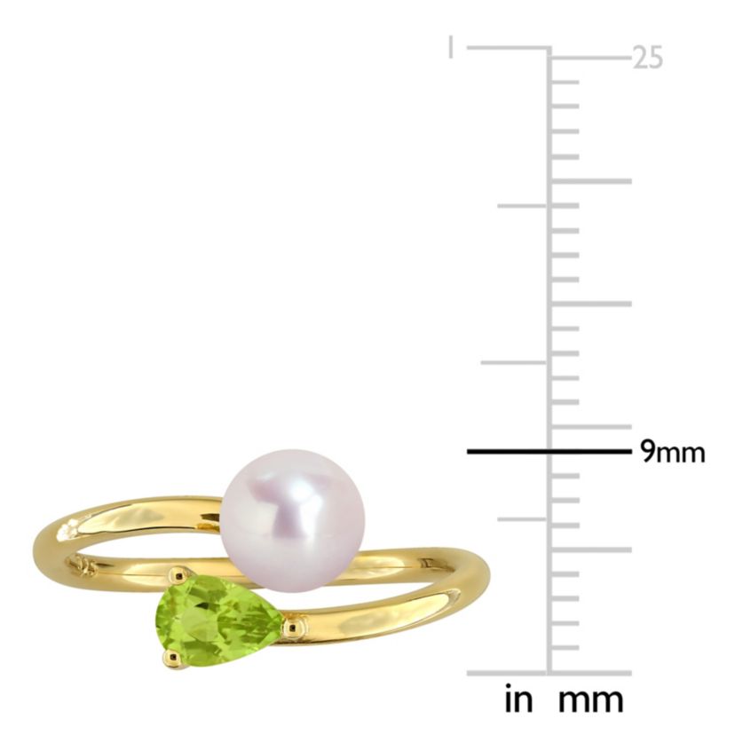 Peridot & 6-6.5mm White Freshwater Cultured Pearl Ring in Yellow Plated Sterling Silver