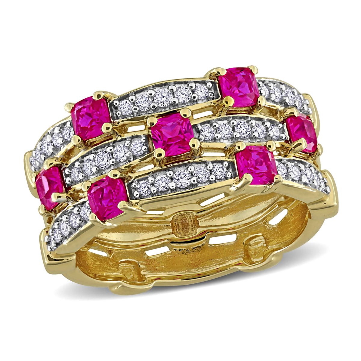 Lab Created Lab Grown Diamond & Created Ruby Eternity Ring in Yellow Plated Sterling Silver