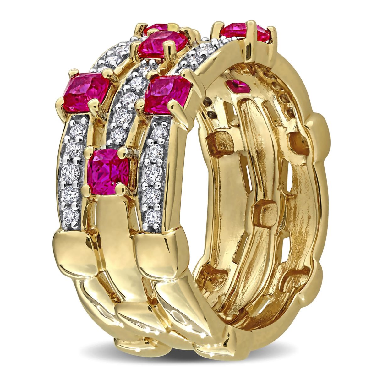 Lab Created Lab Grown Diamond & Created Ruby Eternity Ring in Yellow Plated Sterling Silver