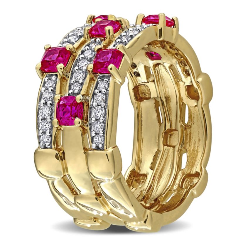 Lab Created Lab Grown Diamond & Created Ruby Eternity Ring in Yellow Plated Sterling Silver